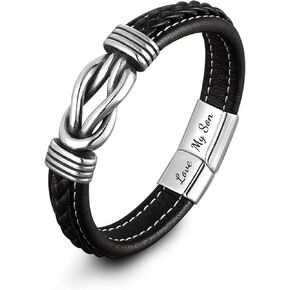 Mother and Son Forever Linked Together Braided Leather Bracelet, Men's Stainless Braided Leather Bracelet Bangle Wristband,Inspirational birthday gift from mom to son