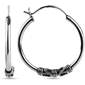 LeCalla 925 Sterling Silver Antique Balinese Beaded Hoop Earrings for Women Lightweight Small Bali Hoops Earring for Girl and Women Teen