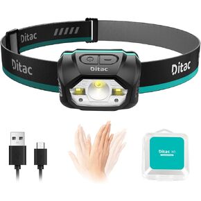 Ditac H1 Head lamp Rechargeable, Headlamp with Motion Sensor, Bright Led Headlamp, 440 Lumens 1800mAh Max Runtime 70 Hours, IPX6 Waterproof Headlight 5 Modes for Hiking Camping Fishing (Gray)