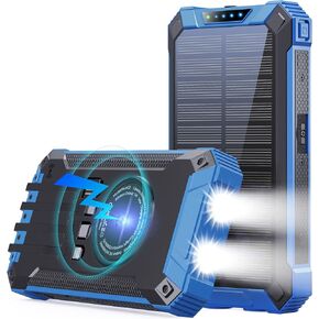 GOODaaa Power Bank Wireless Charger 36000mAh Built in 4 Cables Six Outputs 15W Fast Charging Power Bank for All Mobile Devices Three Inputs Solar Portable Charger with Dual Flashlights, Carabiner