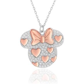 Disney Mickey and Minnie Mouse Sterling Silver Two Tone Cubic Zirconia Necklace with Pink Heart; Jewelry for Women, 18"