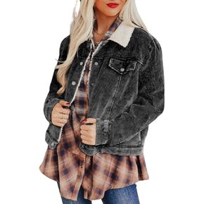 ChiyeeKiss Cropped Distressed Corduroy Jacket Sherpa Lined Shacket Button Down Fleece Fur Collar Winter Coat for Women