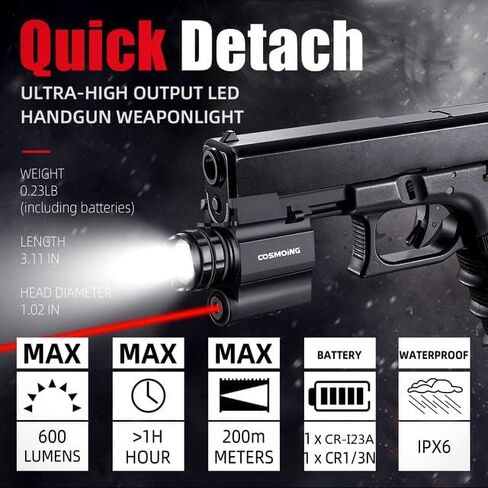 Rail Mounted Green Laser Light Combo, 600 Lumen Strobe Light Laser Sight Gun Flashlight with Quick Release for Pistol Handgun Rifles in Saudi Arabia