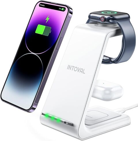 Intoval Wireless Charging Station, 3 in 1 Charger for Apple iPhone/iWatch/Airpods,iPhone15,14,13,12,11 (Pro,Pro Max)/XS/XR/XS,iWatch9/8/Ultra2/1/7/6/SE/5/4/3/2,Airpods Pro2/Pro1/3 (A3,Black) in Kuwait