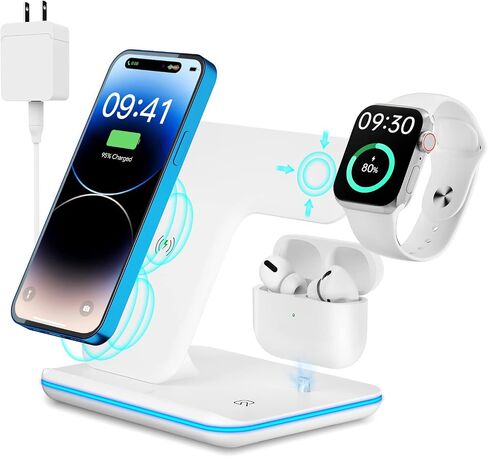 شاحن لاسلكي، قاعدة شحن سريعة 3 في 1 لساعة Apple Series SE 8~2، AirPods، iPhone 14 13 12 11 Pro/X/Xr/Xs/8 Plus، والهواتف المعتمدة من Qi (مع محول QC3.0) in Saudi Arabia