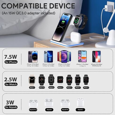 شاحن لاسلكي، قاعدة شحن سريعة 3 في 1 لساعة Apple Series SE 8~2، AirPods، iPhone 14 13 12 11 Pro/X/Xr/Xs/8 Plus، والهواتف المعتمدة من Qi (مع محول QC3.0) in Saudi Arabia