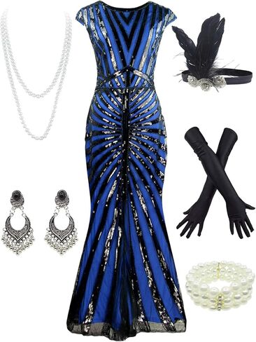 فستان سهرة رسمي للنساء من غاتسبي من العشرينيات من القرن الماضي بترتر حورية البحر مع زي إكسسوارات من العشرينيات in Kuwait