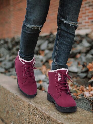 SHIBEVER Winter Snow Boots for Women: Warm Fur Lined Ankle Boots Comfortable Suede Lace Up Booties Cute Flat Shoes in Kuwait