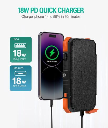 BLAVOR Solar Charger Power Bank, PD 18W Fast Charging 20000mAh Battery Pack with 4 Foldable Panels, Portable Solar Powered USB C Charger with Camping Flashlight Compass Carabiner for Cell Phone in Kuwait