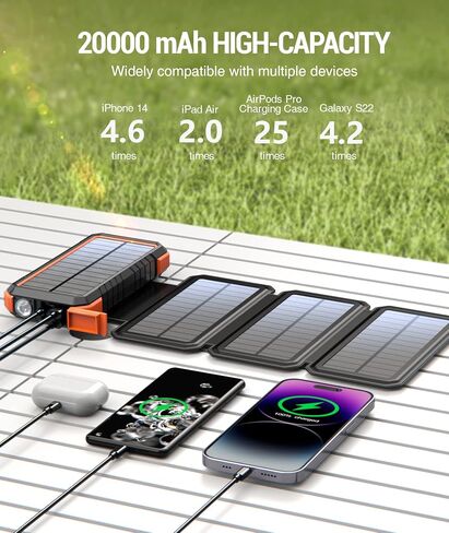 BLAVOR Solar Charger Power Bank, PD 18W Fast Charging 20000mAh Battery Pack with 4 Foldable Panels, Portable Solar Powered USB C Charger with Camping Flashlight Compass Carabiner for Cell Phone in Kuwait
