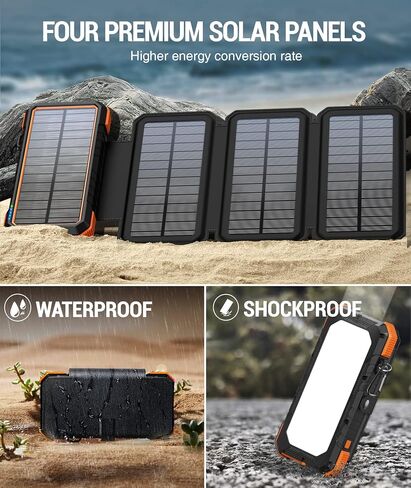 BLAVOR Solar Charger Power Bank, PD 18W Fast Charging 20000mAh Battery Pack with 4 Foldable Panels, Portable Solar Powered USB C Charger with Camping Flashlight Compass Carabiner for Cell Phone in Kuwait