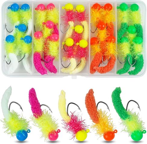 Crappie Jigs Fishing Lures Kit, 25/20pcs Marabou Jigs Heads with Maggot Tail Round Ball Fishing Jig Heads Hair Jigs Baits for Walleye Panfish Bass Fishing 1/8oz in Saudi Arabia