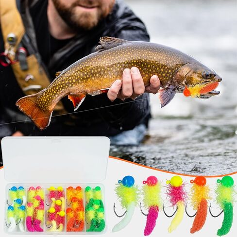 Crappie Jigs Fishing Lures Kit, 25/20pcs Marabou Jigs Heads with Maggot Tail Round Ball Fishing Jig Heads Hair Jigs Baits for Walleye Panfish Bass Fishing 1/8oz in Saudi Arabia