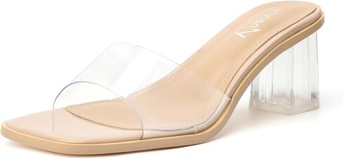 vivianly Womens Clear Heels Sandals Transparent Chunky Heels Backless Open Toe Slip on Mules Heeled Slipper Dress Shoes in Kuwait