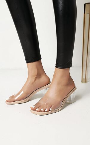 vivianly Womens Clear Heels Sandals Transparent Chunky Heels Backless Open Toe Slip on Mules Heeled Slipper Dress Shoes in Kuwait