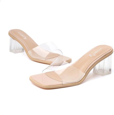 vivianly Womens Clear Heels Sandals Transparent Chunky Heels Backless Open Toe Slip on Mules Heeled Slipper Dress Shoes in Kuwait