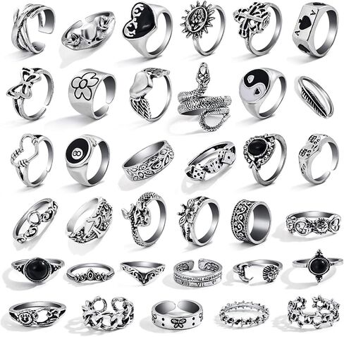 17IF 26-35 Pcs Vintage Silver Knuckle Rings Set for Women Men, Grunge Gothic Rings Chunky Aesthetic Snake Stackable Adjustable Punk Bulky Finger Alt Fairy Skull Frog Heart Star Flower Midi Ring Pack in Saudi Arabia