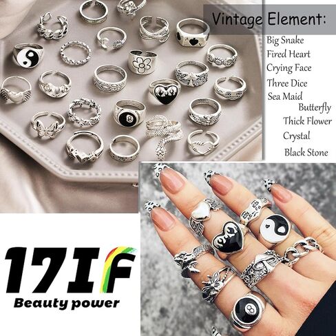 17IF 26-35 Pcs Vintage Silver Knuckle Rings Set for Women Men, Grunge Gothic Rings Chunky Aesthetic Snake Stackable Adjustable Punk Bulky Finger Alt Fairy Skull Frog Heart Star Flower Midi Ring Pack in Saudi Arabia