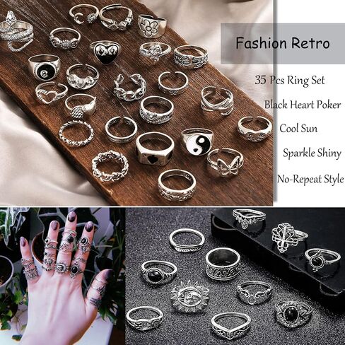 17IF 26-35 Pcs Vintage Silver Knuckle Rings Set for Women Men, Grunge Gothic Rings Chunky Aesthetic Snake Stackable Adjustable Punk Bulky Finger Alt Fairy Skull Frog Heart Star Flower Midi Ring Pack in Saudi Arabia