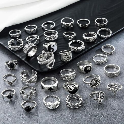 17IF 26-35 Pcs Vintage Silver Knuckle Rings Set for Women Men, Grunge Gothic Rings Chunky Aesthetic Snake Stackable Adjustable Punk Bulky Finger Alt Fairy Skull Frog Heart Star Flower Midi Ring Pack in Saudi Arabia