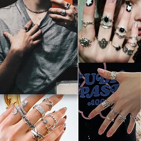 17IF 26-35 Pcs Vintage Silver Knuckle Rings Set for Women Men, Grunge Gothic Rings Chunky Aesthetic Snake Stackable Adjustable Punk Bulky Finger Alt Fairy Skull Frog Heart Star Flower Midi Ring Pack in Saudi Arabia