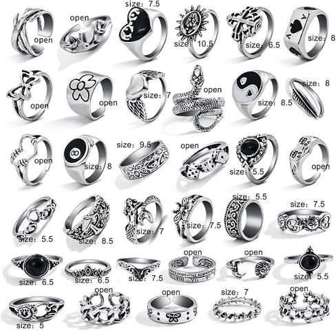 17IF 26-35 Pcs Vintage Silver Knuckle Rings Set for Women Men, Grunge Gothic Rings Chunky Aesthetic Snake Stackable Adjustable Punk Bulky Finger Alt Fairy Skull Frog Heart Star Flower Midi Ring Pack in Saudi Arabia