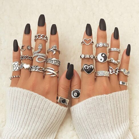 17IF 26-35 Pcs Vintage Silver Knuckle Rings Set for Women Men, Grunge Gothic Rings Chunky Aesthetic Snake Stackable Adjustable Punk Bulky Finger Alt Fairy Skull Frog Heart Star Flower Midi Ring Pack in Saudi Arabia