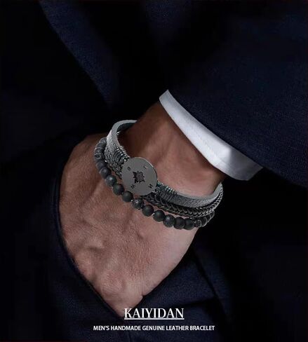 سوار رجالي من KAIYIDAN، أساور من الجلد الطبيعي للرجال مع مشبك مغناطيسي، سوار من الفولاذ والجلد المضفر، سوار من حجر عين النمر والعقيق الطبيعي للمراهقين، هدايا للأب والأب والأخ in Saudi Arabia
