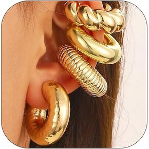 4 Pcs Chunky Gold|Silver Ear Cuff for Women Non Piercing Clip On Cartilage Wrap Cuff Earrings Thick Ear Cuff for Women