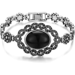 Mytys Fashion Silver Marcasite Bangle Bracelets for Women Girls, Vintage Rose Flower Design Cuff Bracelet Jewelry Gift
