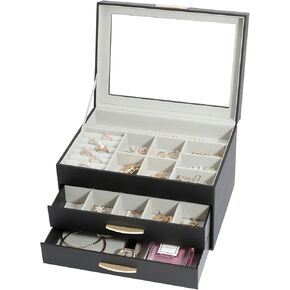 V-LAFUY Jewelry Organizer Box with Glass Lid, Women Jewelry Box White Jewelry Case 3-Layer with 2 Drawers, Christmas Gifts for Women, White B