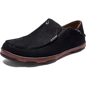 OLUKAI Moloa Men's Leather Slip On Shoes, Waxed Nubuck Leather & Soft Moisture-Wicking Lining, Drop-in Heel & All Weather Rubber Soles, Ray/Toffee, 15
