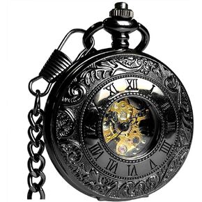 VIGOROSO Men's Pocket Watch with Chain Half Hunter Double Cover Skeleton Mechanical Pocket Watches for Men Dad in Kuwait