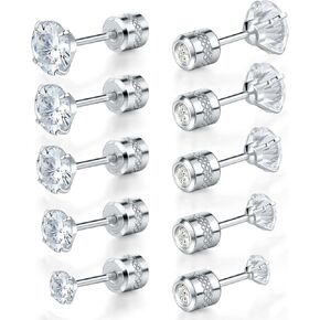 Pack of 5 Round CZ Screw Flat Back Earrings Hypoallergenic for Sensitive Ears