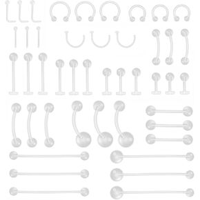 45 قطعة من أدوات ثقب الجسم الشفافة من CrazyPiercing، حلقات بطن الأنف واللسان والحلمة والبطن المتنوعة من البلاستيك الشفاف مجوهرات ثقب الجسم للنساء والرجال