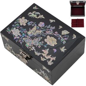 February Mountain Elegant Mother of Pearl Inlaid Lacquer Jewelry Box with Velvet-Lined Removable Ring Tray