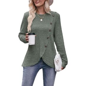 AELSON Women's Casual Fall Crewneck Tunic Tops Long Sleeve Dressy Solid Color Blouse Shirts in Kuwait