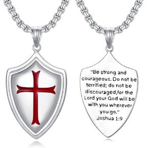 Sterling Silver Knights Templar Cross Joshua 1:9 Shield Pendant Necklace with 22+2 inch Stainless Steel Chain Men's Verse Bible Armor of God Necklace