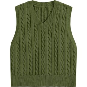 Locachy Women's Vintage Loose V Neck Sleeveless Cable Knit Preppy Style Pullover Sweater Vest