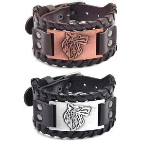 Punk Braided Rope Alloy Bracelet Bangle Wristband PU Leather Bracelet Mens Leather Cuff Bracelet Wolf Head Wristbands Wide Cuff Leather Wrap Adjustable - 2PCS