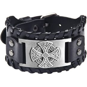 Celtic Solar Cross Bracelet, Leather Cuff Wristband with Irish Charm Amulet