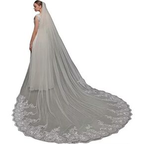 QUIRAI Black Wedding Veil Comb Bridal Cathedral Veil 2 Tier Lace Veil Long Wedding Veil Hair Comb for Brides,118 In