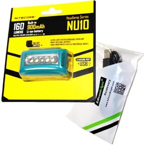 Nitecore NU10 160 Lumen USB rechargeable LED headlamp/worklight and EdisonBright brand USB charging cable bundle (Red)