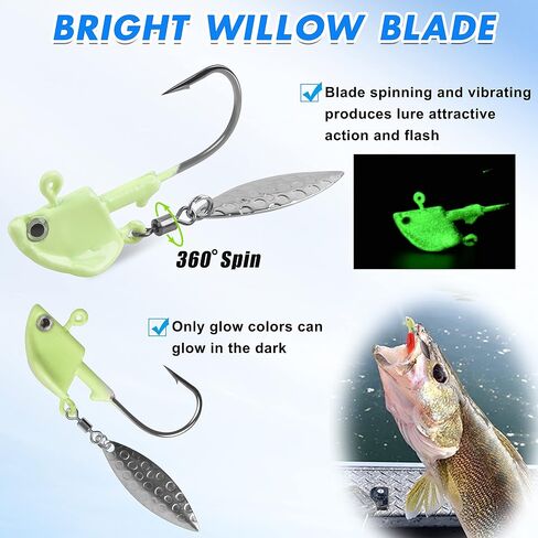 Underspin Jig Heads Kit,Fishing Jig Head Hooks with Willow Blade Swimbait Jig Head Weighted Spin Head Jig Lures 1/4oz 3/8oz 1/2oz for Crappie Bass Saltwater Freshwater in Saudi Arabia