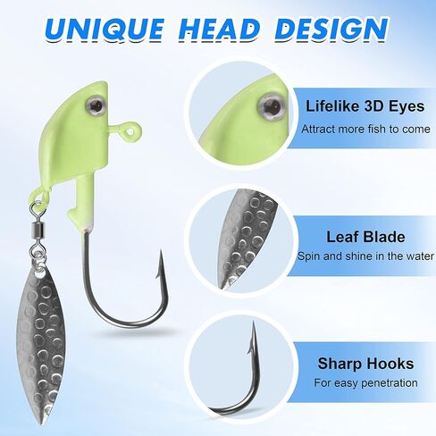 Underspin Jig Heads Kit,Fishing Jig Head Hooks with Willow Blade Swimbait Jig Head Weighted Spin Head Jig Lures 1/4oz 3/8oz 1/2oz for Crappie Bass Saltwater Freshwater in Saudi Arabia