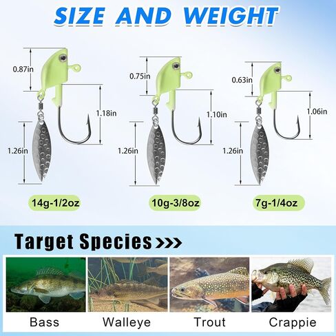 Underspin Jig Heads Kit,Fishing Jig Head Hooks with Willow Blade Swimbait Jig Head Weighted Spin Head Jig Lures 1/4oz 3/8oz 1/2oz for Crappie Bass Saltwater Freshwater in Saudi Arabia