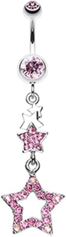 Pierced Owl 14GA Stainless Steel CZ Crystal Layered Star Sparkling Dangling Belly Button Ring in Saudi Arabia