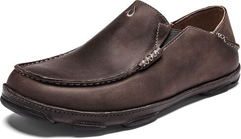 OLUKAI Moloa Men's Leather Slip On Shoes, Waxed Nubuck Leather & Soft Moisture-Wicking Lining, Drop-in Heel & All Weather Rubber Soles, Ray/Toffee, 15 in Kuwait