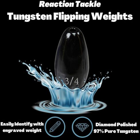 Reaction Tackle Tungsten Flipping Weights for Bass Fishing - Sinkers for Punching Through Heavy Cover - for Texas and Carolina Rigs - Size Stamped on All Weights for Fresh and Saltwater in Saudi Arabia