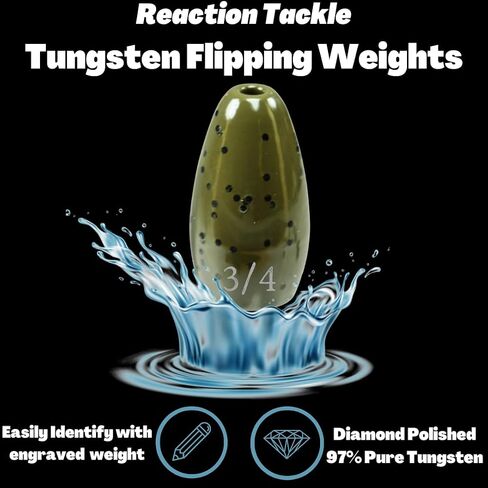 Reaction Tackle Tungsten Flipping Weights for Bass Fishing - Sinkers for Punching Through Heavy Cover - for Texas and Carolina Rigs - Size Stamped on All Weights for Fresh and Saltwater in Saudi Arabia